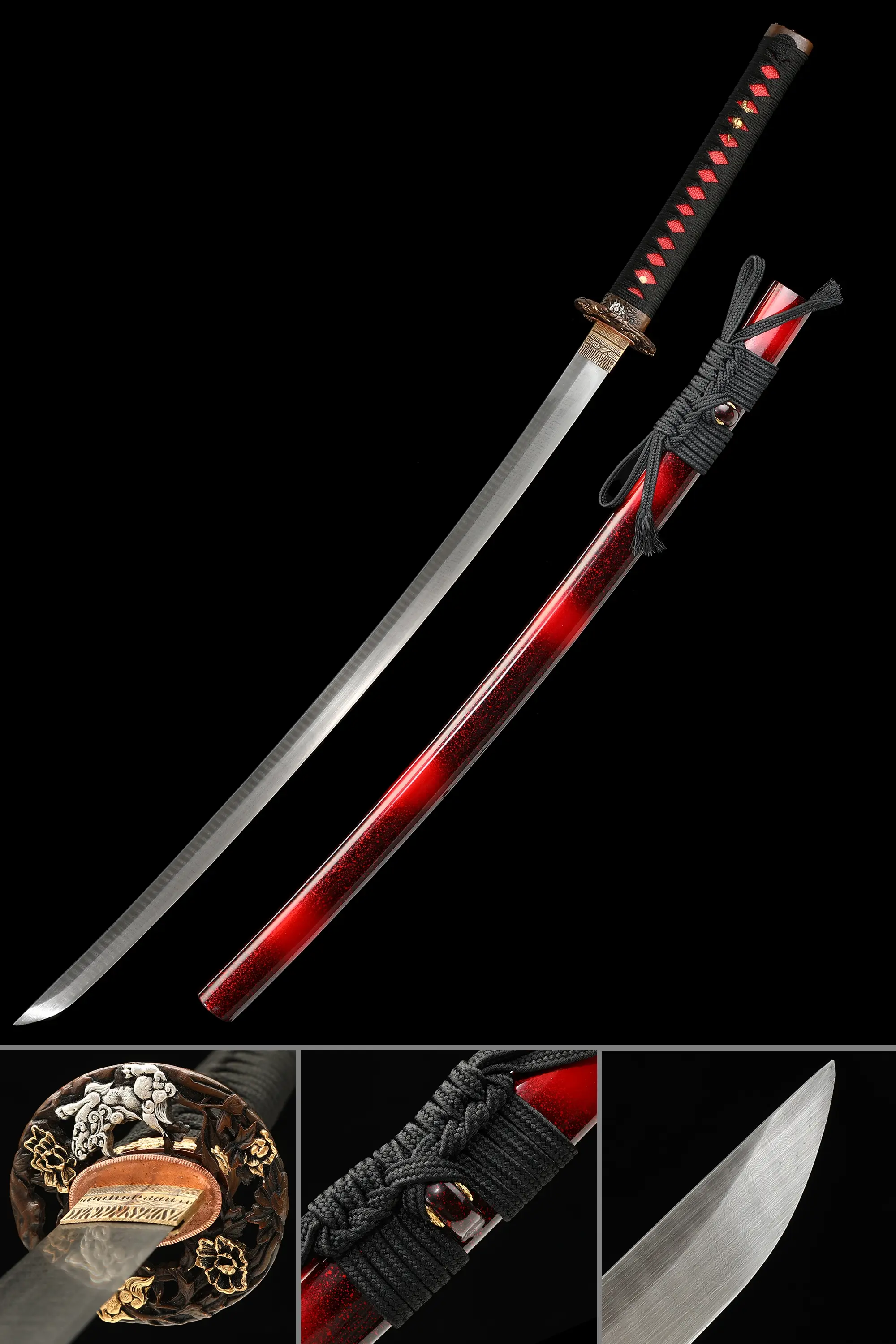 Black And Red Katana | Handmade Full Tang Katana Sword Damascus Steel ...