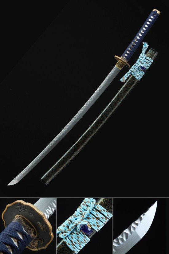Folded Melaleuca Steel Katana with Dragon Tsuba - Dark Green Saya & Blue Ito