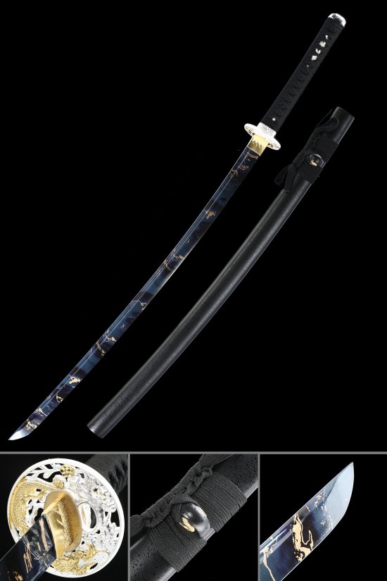 1090 Carbon Steel Katana with Dark Blue Dragon-Engraved Blade, Black Hardwood Saya
