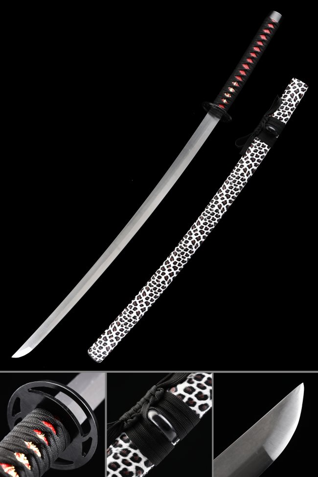 1060 Carbon Steel Katana with Leopard Print Saya - Black & Red Tsuka, Geometric Tsuba