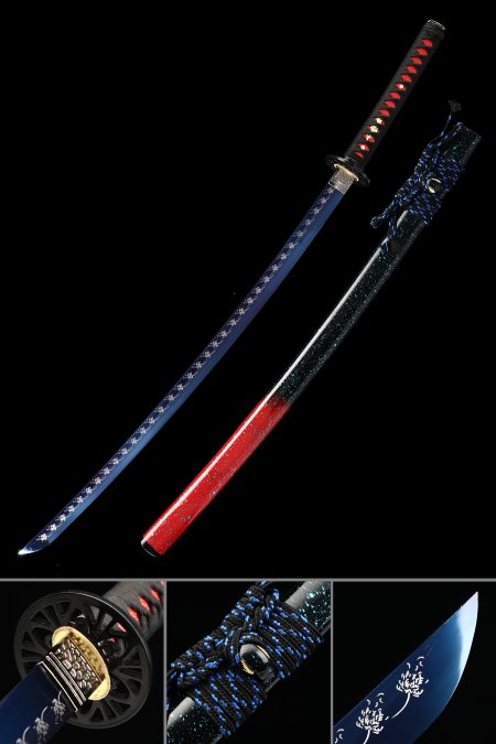 Blue Blade Katana, Handmade Japanese Samurai Sword High Manganese Steel With Black And Red Scabbard