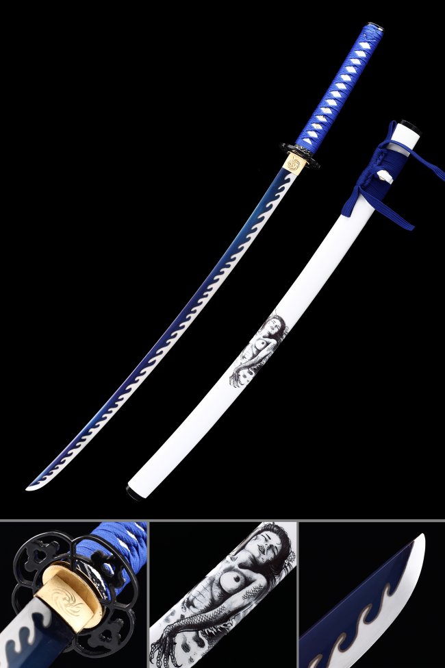 Manganese Steel Katana with Blue-White Blade, Mermaid-Engraved White Saya & Blue Tsuka