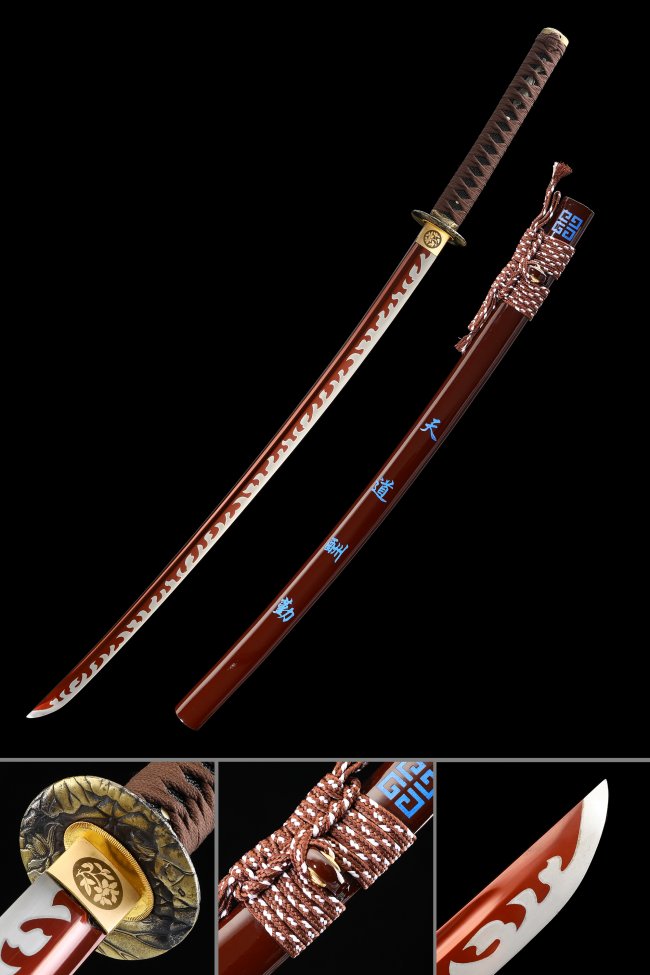 Crimson Katana High Manganese Steel Red Blade with Flame Engraving - Dark Red Lacquer Saya, Chrysanthemum Tsuba