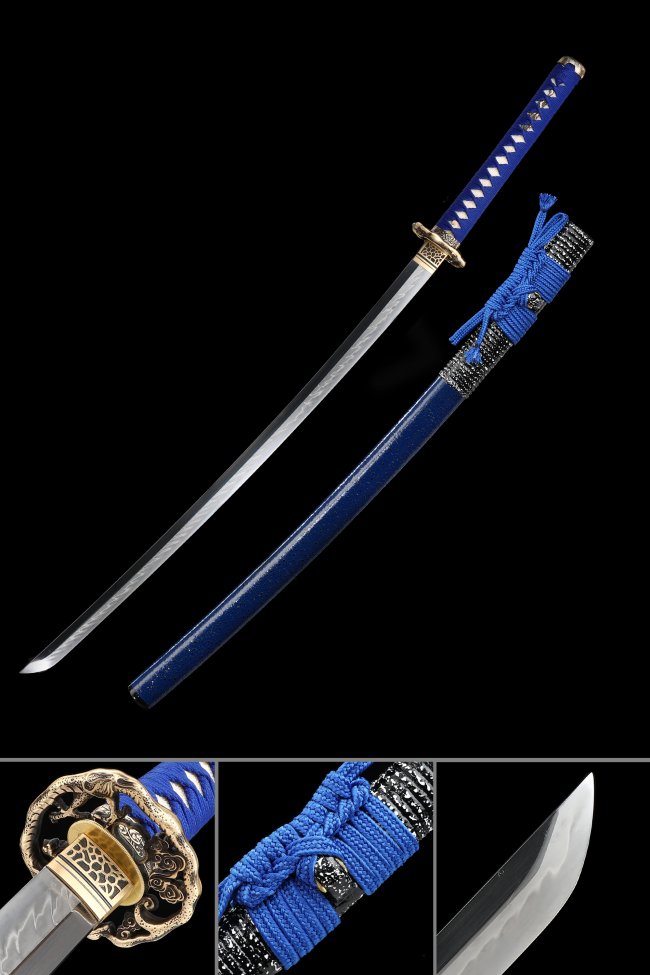 Ornate Scroll Tsuba T10 Carbon Steel Katana, Full Tang, Handmade & Blue Saya