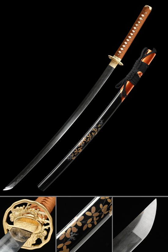 Manganese Steel Katana with Hamon, Gold Chrysanthemum Tsuba - Black Lacquer Saya with Gold Vine Pattern, Brown Ito