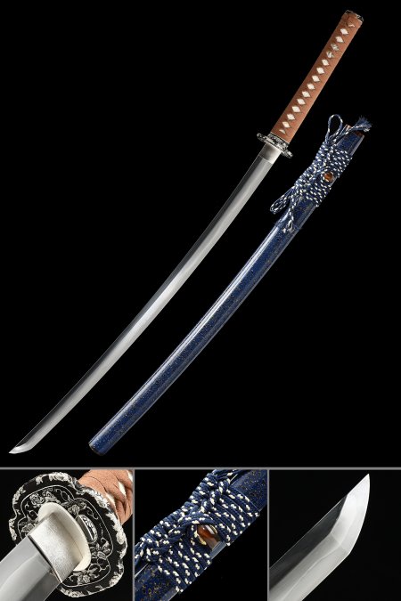 Hand-forged T10 Carbon Steel Katana With Blue Lacquer Saya And Gilded Floral-themed Tsuba