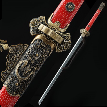 High-performance Pattern Steel Real Hamon Chinese Tang Dynasty Sword With Red Rayskin Scabbard