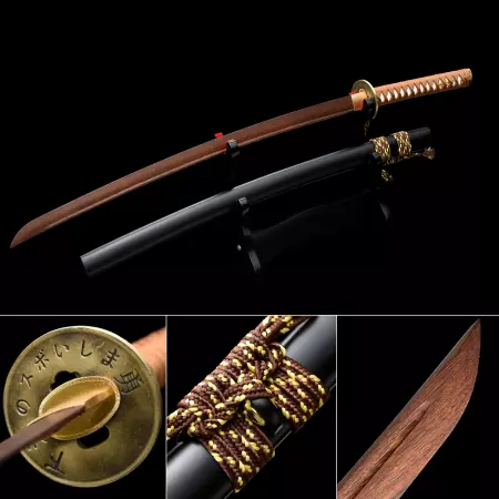 Handmade Brown Wooden Blunt Unsharpened Blade Katana Samurai Swords With Red Scabbard