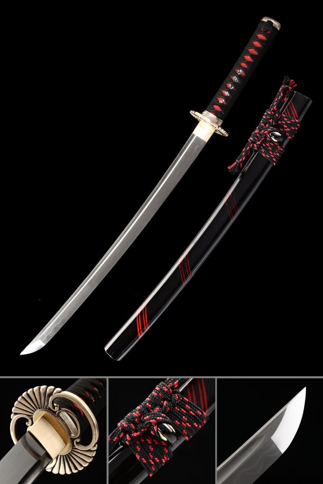 Damascus Steel Wakizashi with Black Piano Lacquer Saya - Chrysanthemum Gold Tsuba, Black-Red Ito