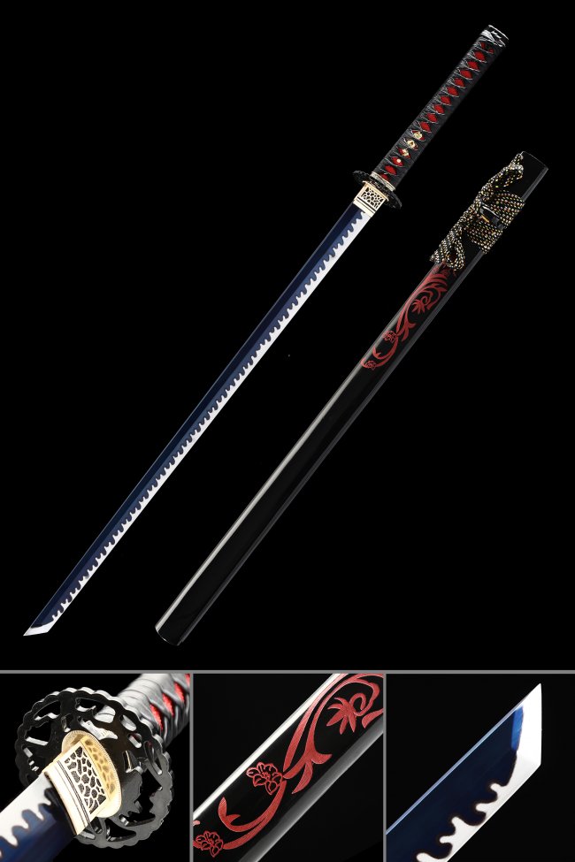 Japanese Straight Sword Manganese Steel Dark Blue Blade with Dragon Saya - Black Red Koshirae
