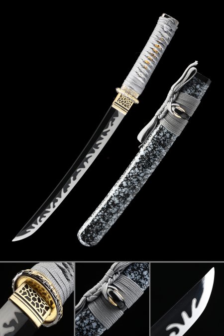Handmade High Manganese Steel Black Blade Japanese Tanto Sword With Blue Scabbard