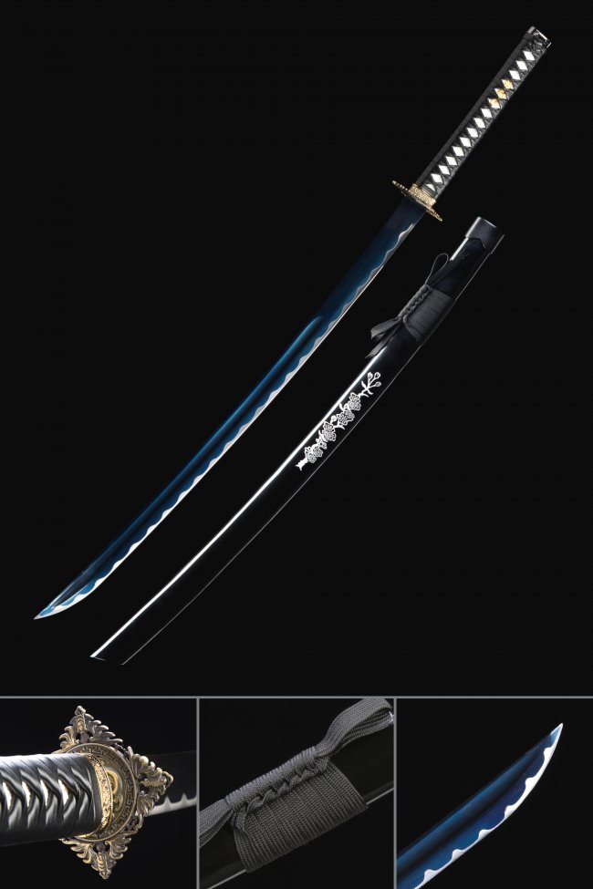 Blue Blade Katana in High Manganese Steel with Black Hardwood Saya and Gold Ornate Tsuba