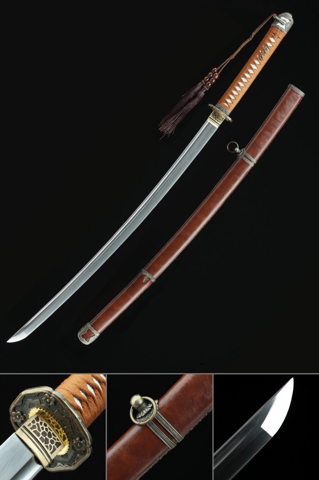 WWII Type 98 Shin Gunto Officer Katana in 1095 Carbon Steel with Brown Leather Saya and Flower Tsuba