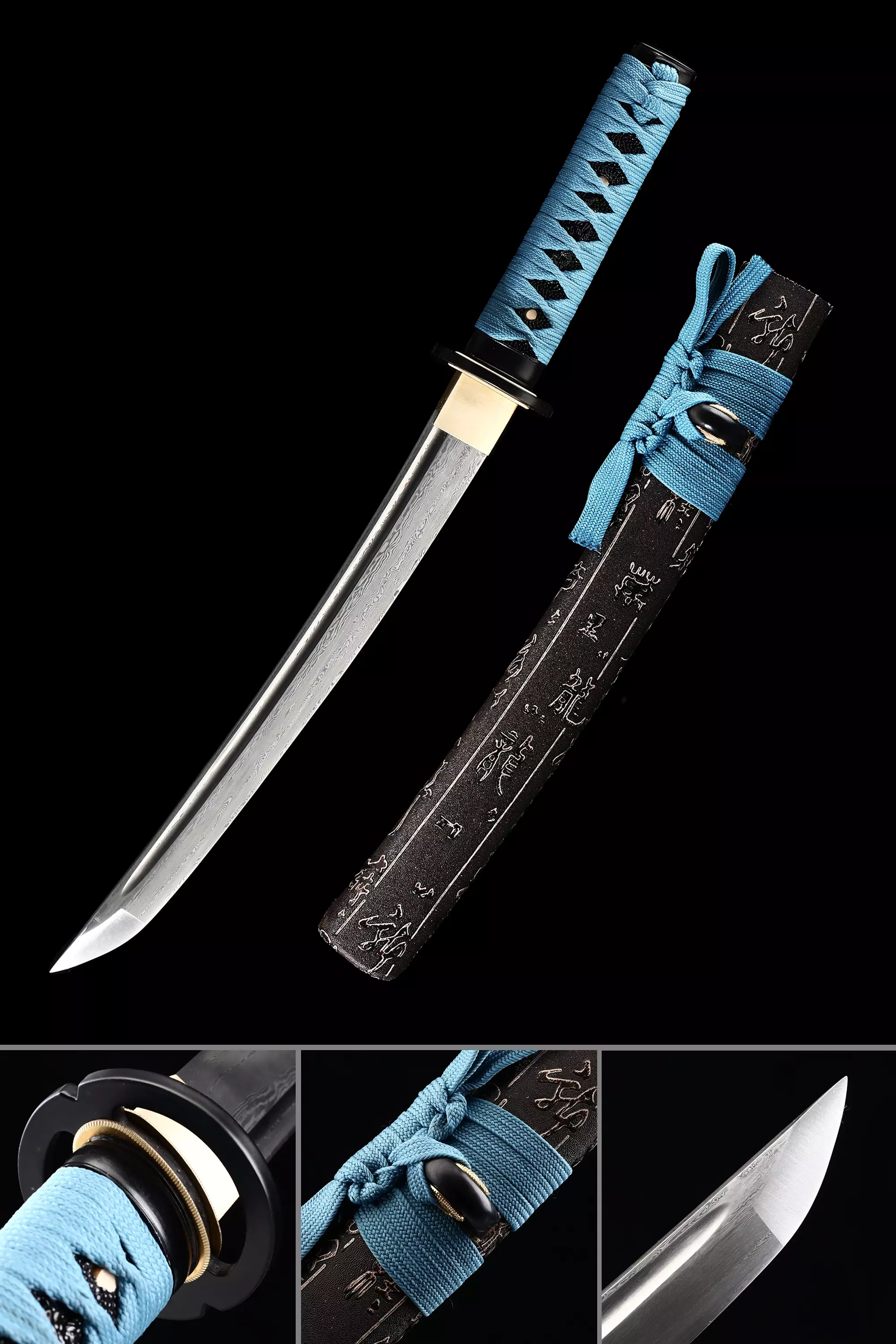 Katana Court Acier à Motif Dépée Tanto Japonais Fait à La Main Avec Fourreau Noir Truekatana 8892