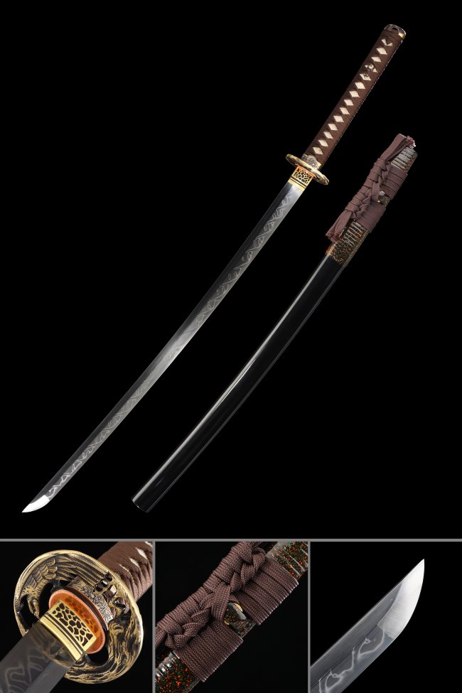 T10 Carbon Steel Katana with Dragon-Engraved Blade, Gold Phoenix Tsuba in Brown Cord Handle