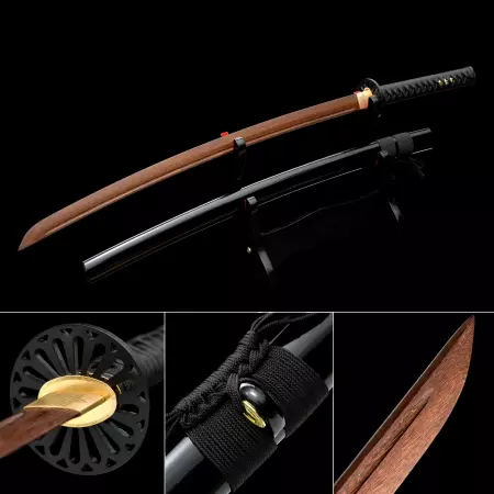 Handmade Brown Wooden Blunt Unsharpened Blade Katana Samurai Sword With Sunflower Tsuba