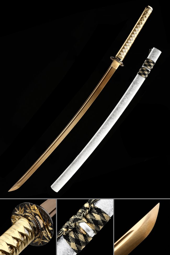 Golden Blade Katana - 1045 Carbon Steel Sword with Bamboo Tsuba in White Saya