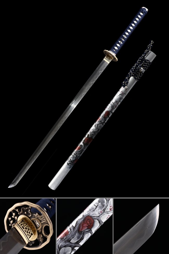 Damascus Steel Ninjato with Hand-Painted White Saya, Gold Plum Tsuba & Blue Ito Wrap