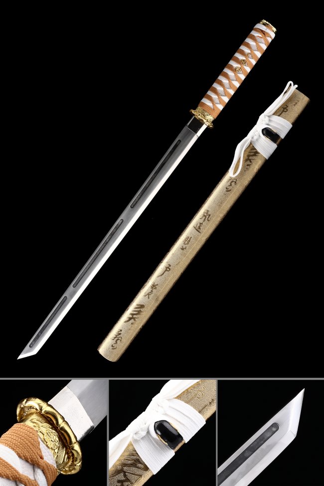 Manganese Steel Straight Blade Ninja Sword with Gold Kanji Saya - Orange-White Tsuka