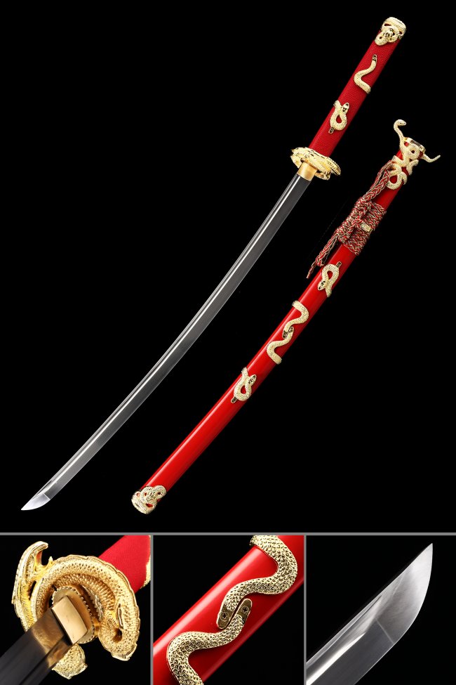 Snake Tsuba Katana in Manganese Steel with Red Lacquer Saya - Gold Snake Koshirae
