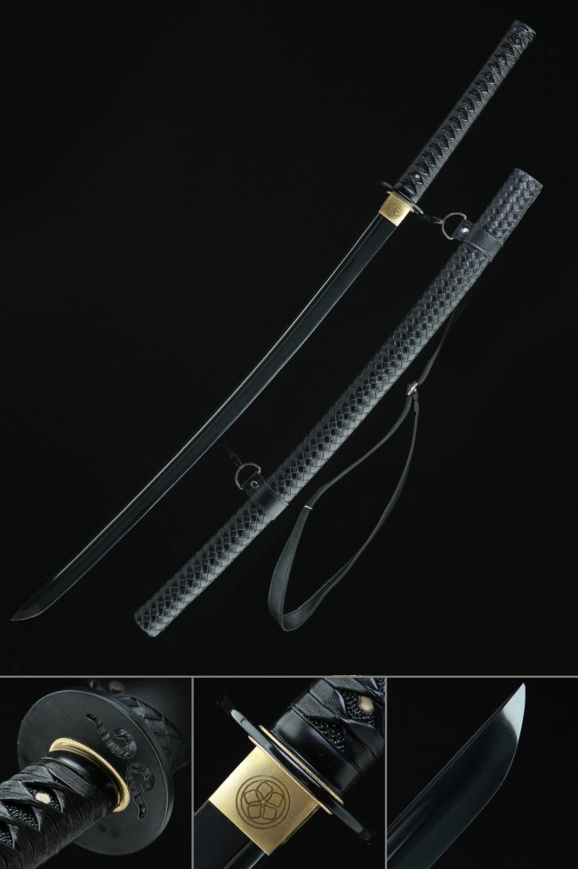 Obsidian Katana - 1060 Carbon Steel Black Blade with Leather-Wrapped Saya and Carry Strap