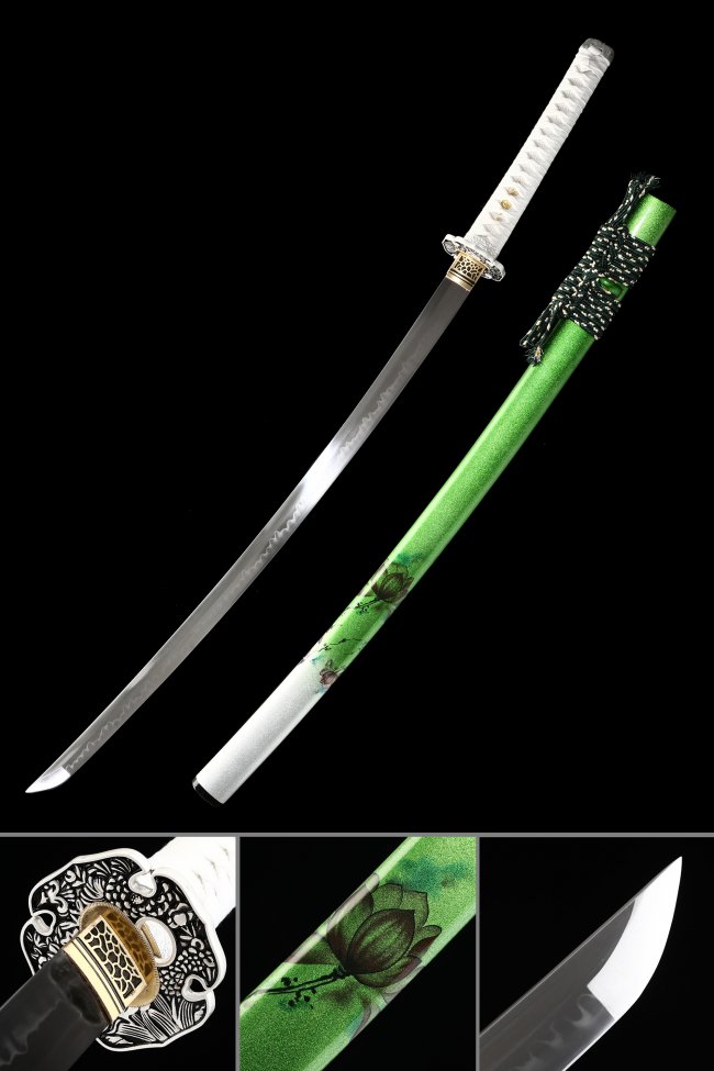 T10 Carbon Steel Katana with Green Lacquer Lotus Saya - White Ito, Peony Silver Tsuba