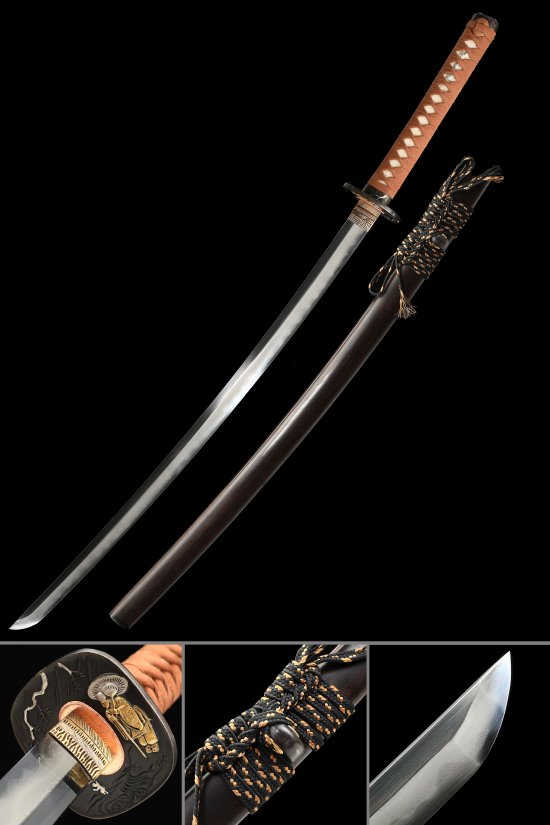 Samurai Tsuba T10 Carbon Steel Katana, Full Tang, Hand Forged & Dark Red Saya