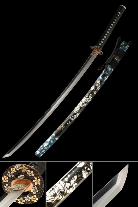 Damascus Steel Katana with Floral Hardwood Saya in Teal-Black & Cherry Blossom Tsuba
