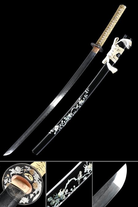 Handmade Full-tang Damascus Steel Samurai Sword With Black Saya