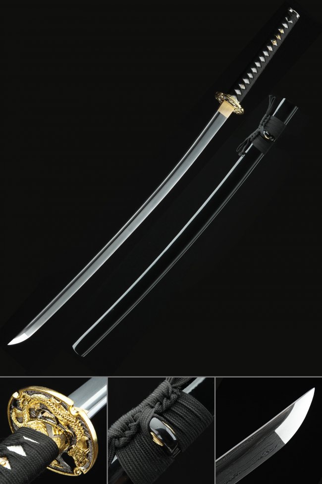 Damascus Steel Katana Sword with Gold Dragon Tsuba in Black Piano Lacquer Saya - Full Tang Collectible