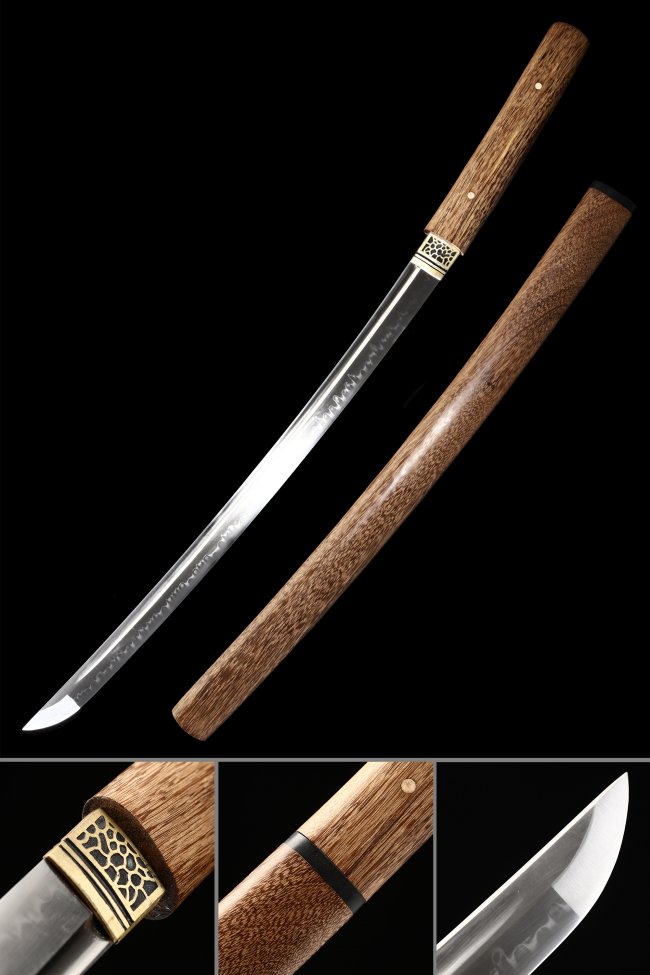 Shirasaya Wakizashi Sword in T10 Carbon Steel with Natural Wenge Wood Saya and Bronze Habaki