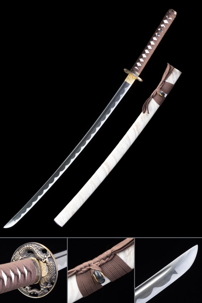 1060 Carbon Steel Katana with White Hardwood Saya - Brown Ito, Gold Dragon Tsuba, Hamon Blade