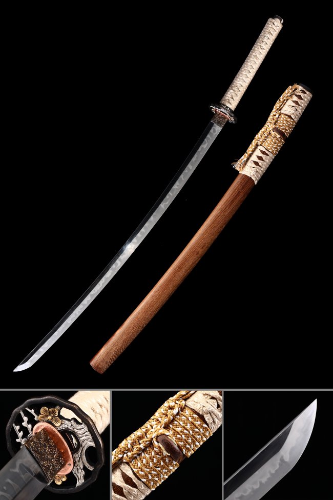 Plum Blossom Tsuba T10 Carbon Steel Katana, Clay Tempered, Real Hamon & Brown Saya