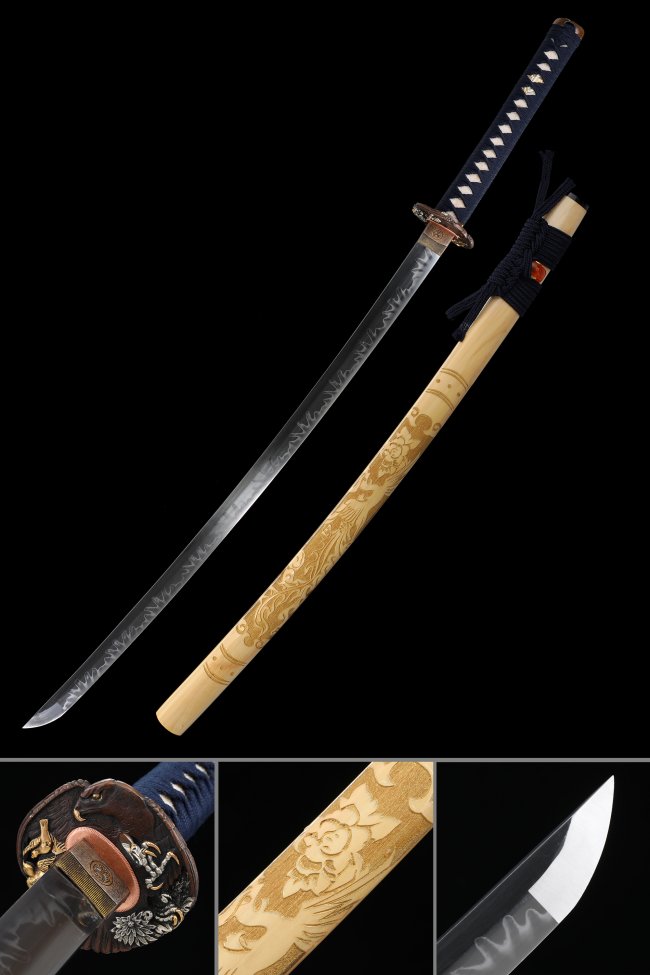 Phoenix Tsuba T10 Carbon Steel Katana, Handmade, Beige Flower Saya & Dark Blue Tsuka