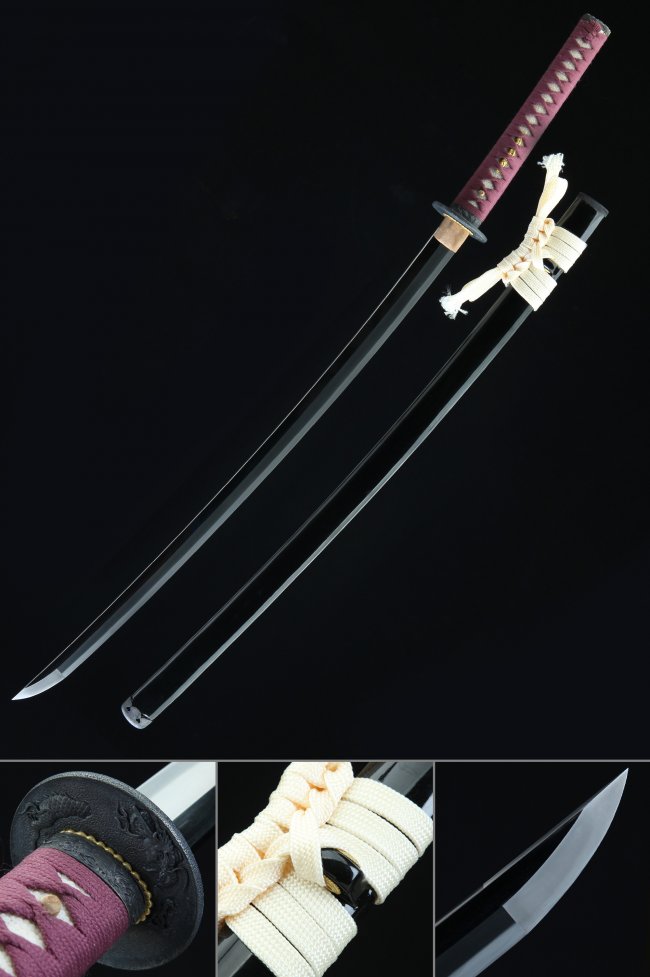 Tamahagane Steel Katana with Dragon Tsuba - Maroon Ito, White Sageo, Black Lacquer Saya