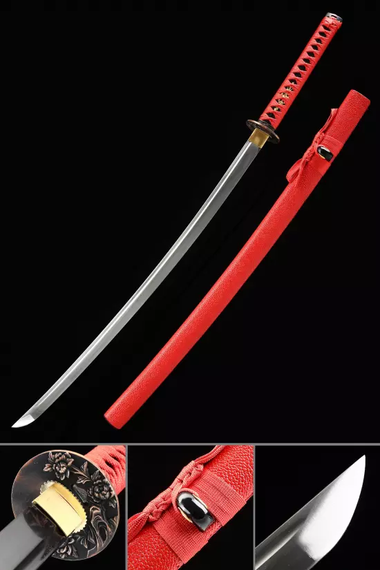 Handmade Japanese Katana Sword With Red Leather Scabbard And Copper Tsuba