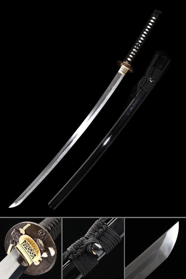 Ornate Scroll Tsuba Damascus Steel Katana, Full Tang, Black Saya & Black Tsuka