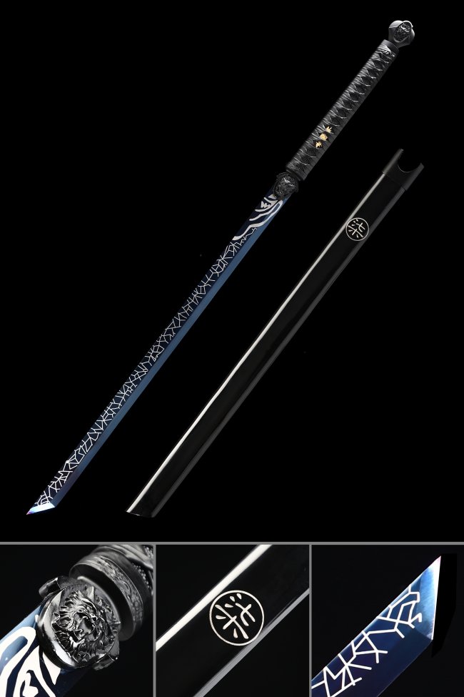 Manganese Steel Chokuto Ninjato with Blue Etched Blade and Dragon Tsuba in Black Saya