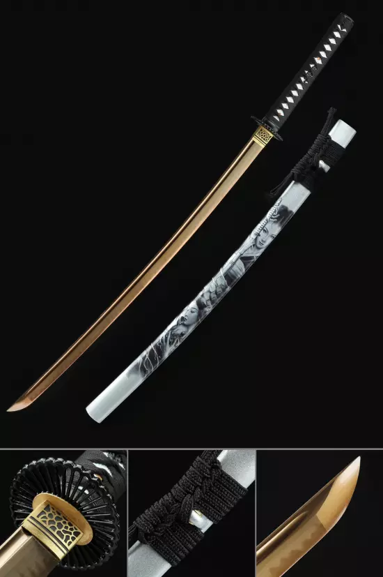 Handmade Japanese Katana T10 Folded Clay Tempere Real Hamon With White Scabbard