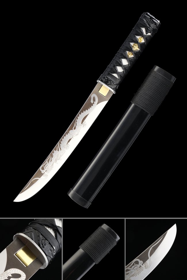 Aikuchi Tanto in Stainless Steel with Dragon-Engraved Blade - Black Saya & Cord Handle