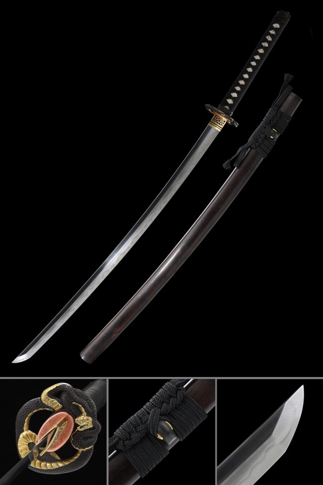 Snake Tsuba T10 Carbon Steel Katana, Dark Red Saya, Black Tsuka & Brown Finish