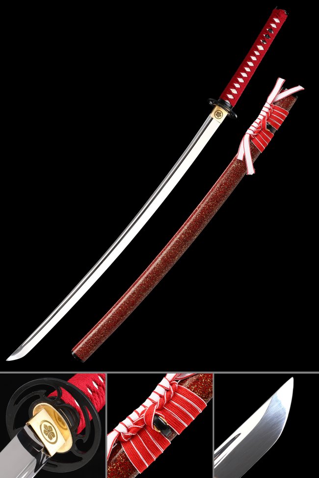 1095 Carbon Steel Katana with Red Lacquer Saya - Red-White Ito, Black Floral Tsuba, Real Hamon