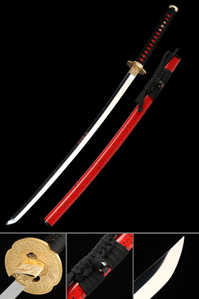 1095 Carbon Steel Red Katana with Gold Chrysanthemum Tsuba - Full Tang, Black Cord Handle