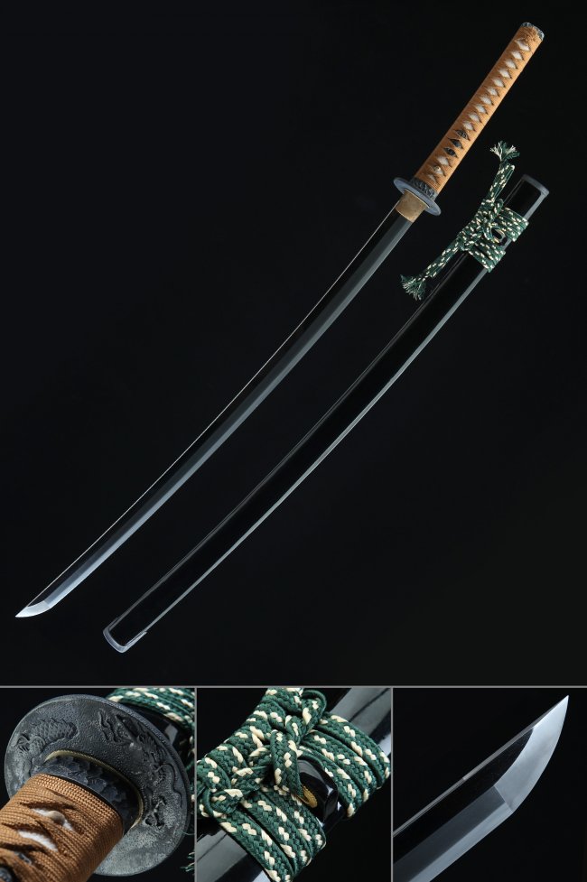Tamahagane Steel Katana with Real Hamon, Black Lacquer Saya - Dragon Tsuba, Brown Tsuka