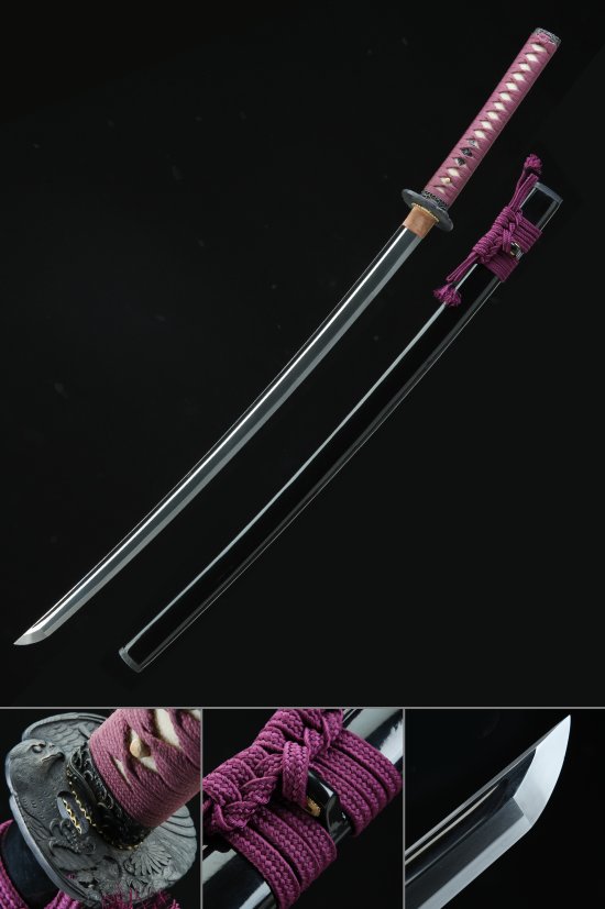 Tamahagane Steel Katana with Phoenix Tsuba in Purple Ito & Black Lacquer Saya