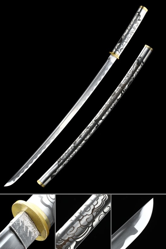 1065 Carbon Steel Katana with Dragon-Engraved White-Black Lacquer Saya in Gold Tsuba