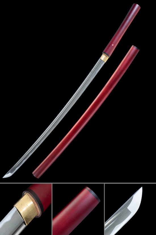1045 Carbon Steel Shirasaya Katana with Dark Red Matte Hardwood Saya - No Tsuba Design