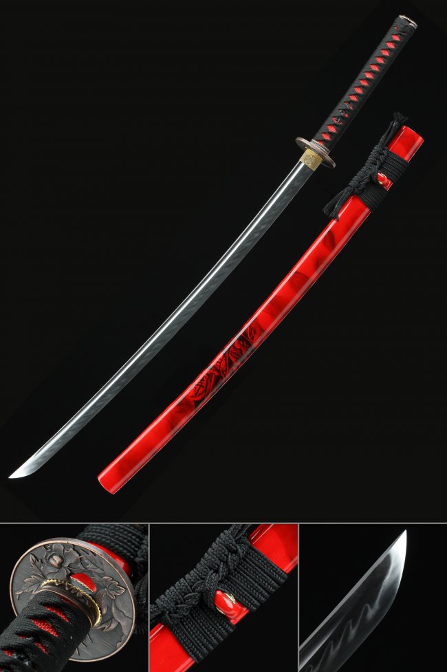 T10 Folded Clay Tempered Steel Katana with Red Lacquered Saya and Floral Alloy Tsuba - Black and Red Ito