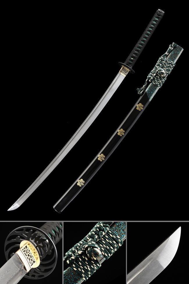 Damascus Steel Katana with Black Lacquer Saya - Teal Sageo, Dragon Tsuba, Flower Motif