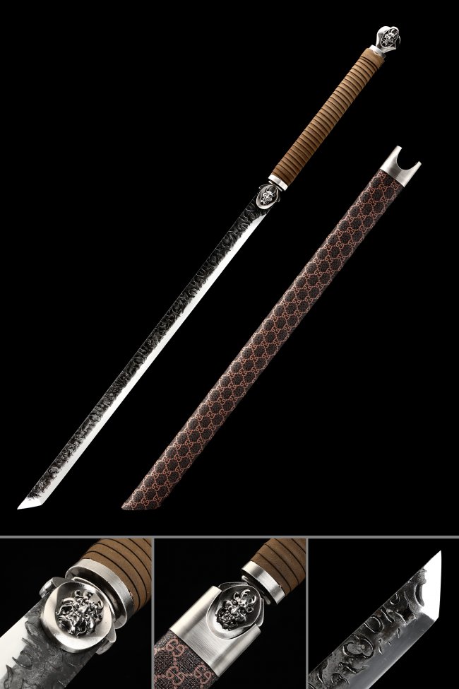 Manganese Steel Ninjato with Skull Tsuba - Brown Cord Handle & Patterned Leather Saya